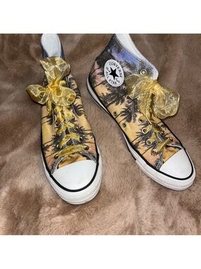 Converse All Star High Top Sneakers in Sunset Palm Print with Gold Bow Laces
